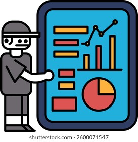A robot is pointing at a graph on a screen