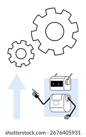 Roboter, der mit der Hand zwei Zahnräder im Hintergrund zeigt, Pfeil nach oben in der Nähe. Ideal für Technologie, Innovation, Automatisierung, Fortschritt, Robotik, Engineering und Wachstum. Linienmetapher