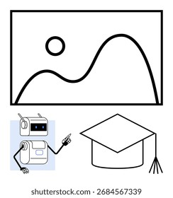 Robot pointing at line graph and graduation cap. Ideal for education, technology, learning, AI in teaching, futuristic classrooms, academic success, innovation themes. Line metaphor