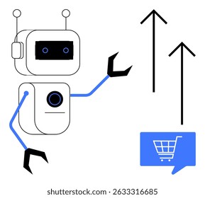 Robô apontando para setas para cima e um ícone de carrinho de compras. Ideal para tecnologia, comércio eletrônico, automação, compras on-line, integração de IA, crescimento de vendas e temas futuristas. Metáfora de linha