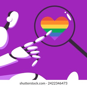 Robot points to a heart in LGBT colors. Flat vector illustration.