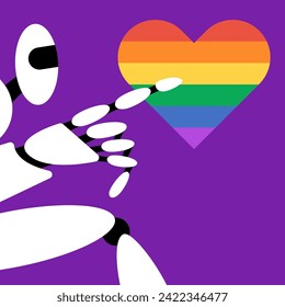 Robot points to a heart in LGBT colors. Pride in AI. Flat vector illustration.