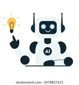 The robot points to the light bulb and develops an innovative business idea or strategy. 