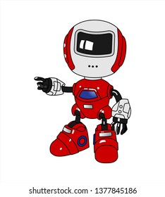 The robot points to the side, points to something. Modern flat vector illustration isolated on white background.
