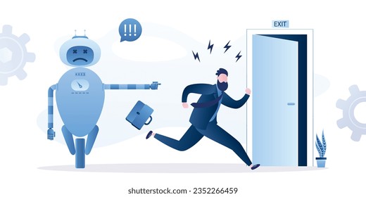 robot points worker to door. businessman runs away from office. Dismissal, replacement of people by machines. Computer technology and artificial intelligence taking jobs and increasing unemployment.