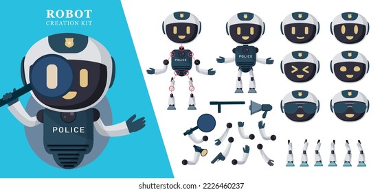 Juego de vectores de kit de creación de la policía robot. Robots personajes editables con cabeza, brazos, piernas y elementos de herramientas para el diseño robótico del creador de la policía. Ilustración vectorial.
