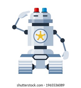 Robot police officer cartoon icon. Electronic copper on wheels with warning flashing lights on top of head. Anthropomorphous policeman saluting. Vector illustration isolated on white background.