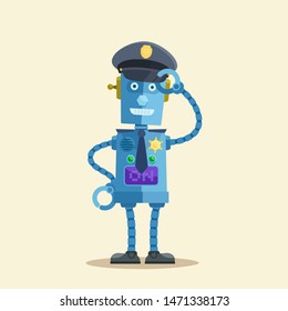 Robot policeman. Cheerful futuristic character. Vector illustration flat design, cartoon style, isolated background. Front view.