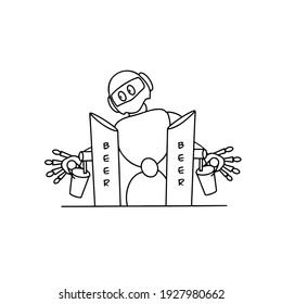 Der Roboter gießt Bier während der Quarantäne aufgrund der Pandemie in die Brille. Automatisierung des Prozesses. Humorale Vektorgrafik. Line Art. 