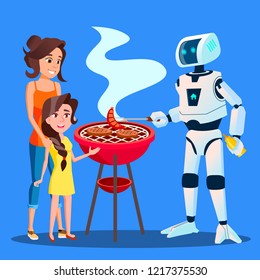 Robot Preparing A Barbecue For Family Vector. Isolated Illustration
