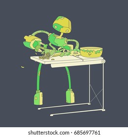 Robot preparing food. Futuristic android cutting celery. Hand drawn flat style vector illustration.