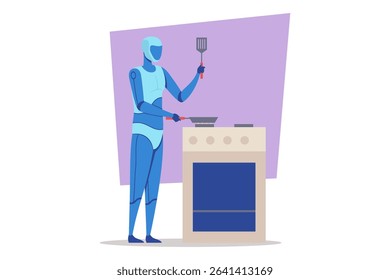Robot preparing meal in kitchen, holding spatula above skillet on stove. Robot focused on cooking. Advanced culinary abilities concept