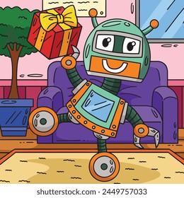  Robot with a Present Colored Cartoon Illustration