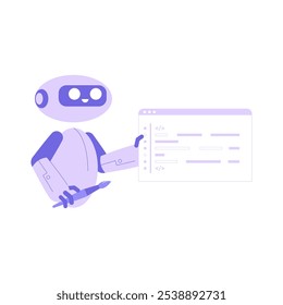 Robot Presenting Data On Screen In Flat Vector Illustration Symbolizing AI Data Analysis, Business Intelligence, And Automation, Isolated On White Background