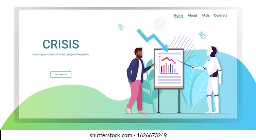 robot presenting downward chart to businessman economic arrow falling down on flipchart financial crisis bankrupt investment risk concept artificial intelligence full length copy space horizontal