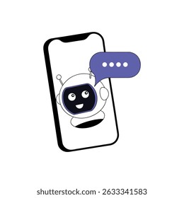 Robô apresentando mensagem em balão de fala, elemento de design de aplicativo móvel, comunicação digital. Ideal para suporte ao cliente, serviços de chatbot, interação com IA, ferramentas online, assistente virtual
