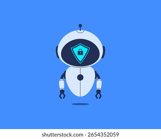 Robot que presenta el escudo con el icono de la cerradura para la protección de datos. Ilustración vectorial para la ciberseguridad, la privacidad en línea y los sistemas de inteligencia artificial seguros