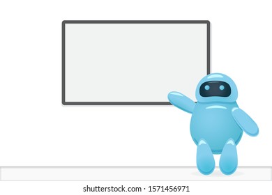 Robot presenting training course on the board. Technology, AI, artificial intelligence, machine learning presentation concept. Vector illustration