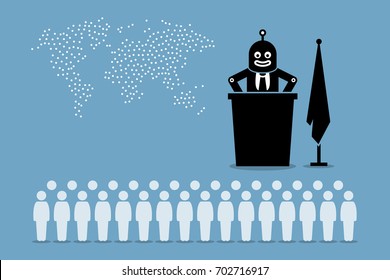 Robot president and artificial intelligent government controlling the country and world from human. Artwork depicts automation, human replacement, threat to mankind, and rise of the android. 