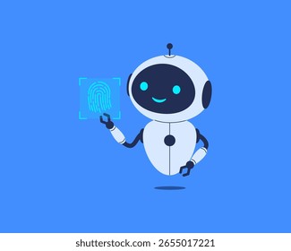 Robot presses fingerprint. Vector illustration for cybersecurity, identity verification, biometric access
