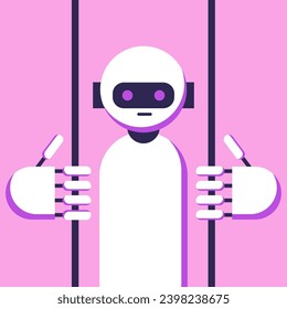 Robot is in prison. Crimes of artificial intelligence. Ethical use of AI. Flat vector illustration.