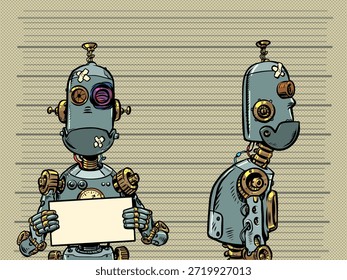 Um prisioneiro robô. Uma IA é considerada culpada de um crime. A responsabilidade da inteligência artificial. Desenho animado pop art retro vetor ilustração desenho à mão
