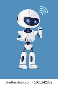 Robot in process of thinking and connection sign, robotic creature of white color with icon, vector illustration, isolated on blue background