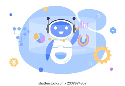 Robot processes data concept. Machine learning and artificial intelligence. Chat bot works with statistics. Infographics and data visualization. Graph and diagram. Cartoon flat vector illustration