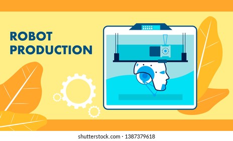 Robot Production Industry Flat Banner Template. Manufacturing Robots on 3d Printer. Futuristic Cyborg Construction Toolkit. Innovative Digital Technology. Humanoid Head in Suitcase