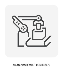 Robot, production line vector icon. Consist of robot hand, arm, product, box packaging, conveyor belt and machine. Automation technology for industry i.e. assembly, manufacturing, process. 64x64 pixel