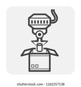 Robot, production line vector icon. Consist of robot hand, arm, product, box packaging, conveyor belt and machine. Automation engineering technology for industry i.e. assembly, manufacturing, process.