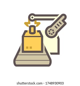 La mano robot puede poner el producto en el embalaje de caja en el diseño de iconos vectoriales de la industria de producción.