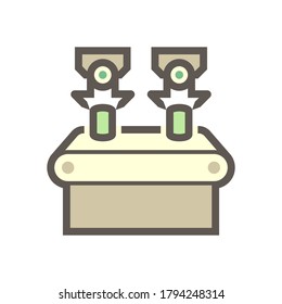 Robot and production line vector icon. Consist of robot hand, arm, product, packaging, conveyor belt and machine. Automation engineering technology for industry i.e. assembly, manufacturing, process.