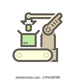 La mano robot puede poner el producto en el embalaje de caja en el diseño de iconos vectoriales de la industria de producción.