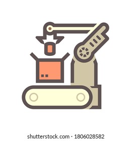 Robot, production line vector icon. Consist of robot hand, arm, product, box packaging, conveyor belt and machine. Automation engineering technology for industry i.e. assembly, manufacturing, process.