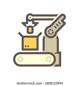 Roboter Hand-Put kann Produkt in Box-Verpackung in der Produktion Vektorsymbol-Design.