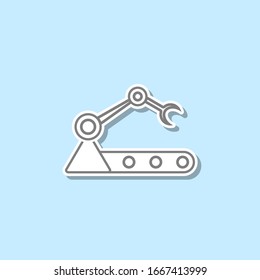 Robot in production sticker icon. Simple thin line, outline vector of web icons for ui and ux, website or mobile application