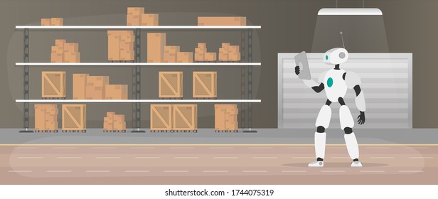 Robot in the production warehouse. The robot is holding a tablet. Futuristic concept of delivery, transportation and loading of goods. Large warehouse with drawers and pallets. Vector.