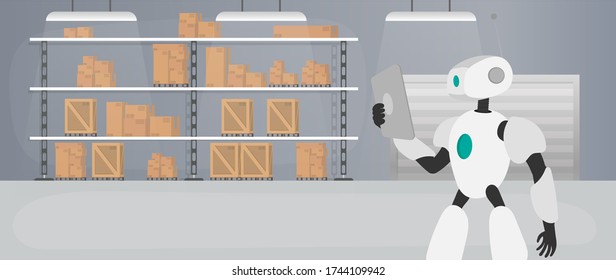 Robot in the production warehouse. The robot is holding a tablet. Futuristic concept of delivery, transportation and loading of goods. Large warehouse with drawers and pallets. Vector.