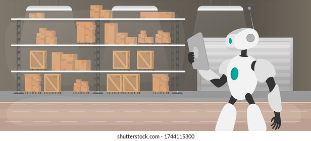 Robot in the production warehouse. The robot is holding a tablet. Futuristic concept of delivery, transportation and loading of goods. Large warehouse with drawers and pallets. Vector.