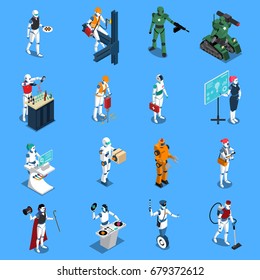 Robot professions isometric colored icons set with cleaner worker doctor police housemaid figurines on blue background isolated vector illustration 