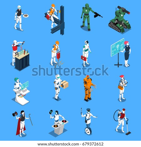 Robot professions isometric colored icons set with cleaner worker doctor police housemaid figurines on blue background isolated vector illustration 