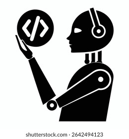 Robot programmer holding coding symbols illustrating technology and software development - Powered by Shutterstock - Get 15% off with code: PIKWIZARD15