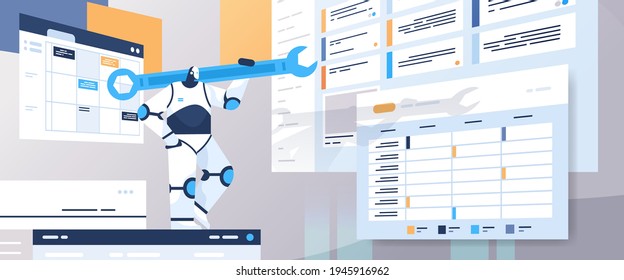 robot programmer holding wrench robotic developer optimizes software engineering coding programming