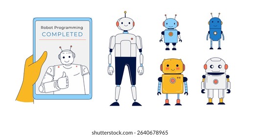 Robot Programming Completed STEM Education with Cute Robots and Tablet Interface. Friendly Robots and Coding App Flat Vector Illustration for Kids Robotics Learning. STEM Cartoon Robots