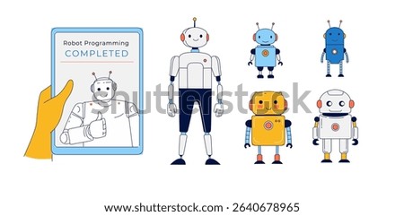 Robot Programming Completed STEM Education with Cute Robots and Tablet Interface. Friendly Robots and Coding App Flat Vector Illustration for Kids Robotics Learning. STEM Cartoon Robots