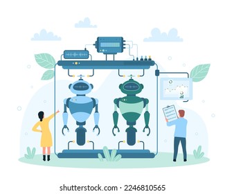 Robot programming, high tech industry vector illustration. Cartoon tiny engineers work with research electronic technology of AI brain, hardware and cyborgs in laboratory, future machine learning