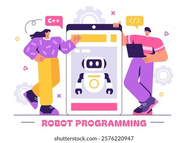 Robot Programming Vector Illustration Featuring an Artificial Intelligence Robot Interacting with a Digital Data Interface for Advanced Technology