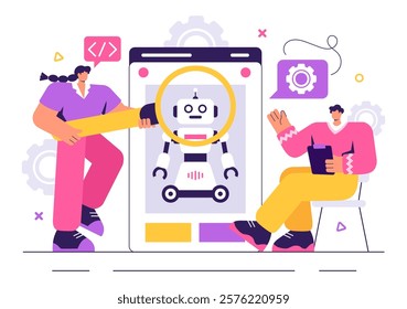 Robot Programming Vector Illustration Featuring an Artificial Intelligence Robot Interacting with a Digital Data Interface for Advanced Technology