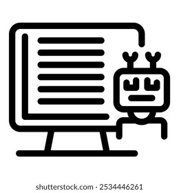 Robot is programming, writing code on a desktop computer screen
